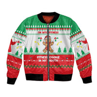 Funny Fitness Cookie Christmas Bomber Jacket with Gingerbread Design and Holiday Pattern - Wonder Print Shop