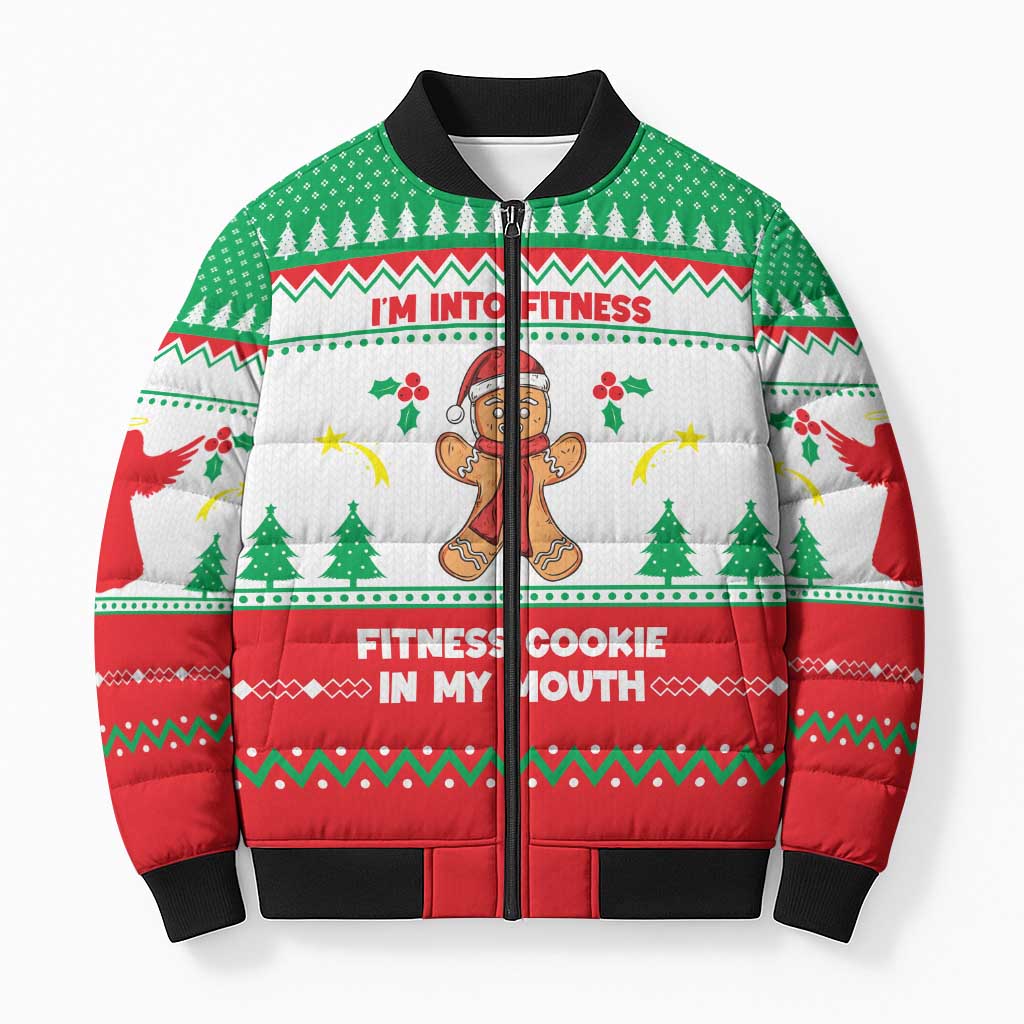Funny Fitness Cookie Christmas Bomber Puffer Jacket with Gingerbread Design and Holiday Pattern - Wonder Print Shop