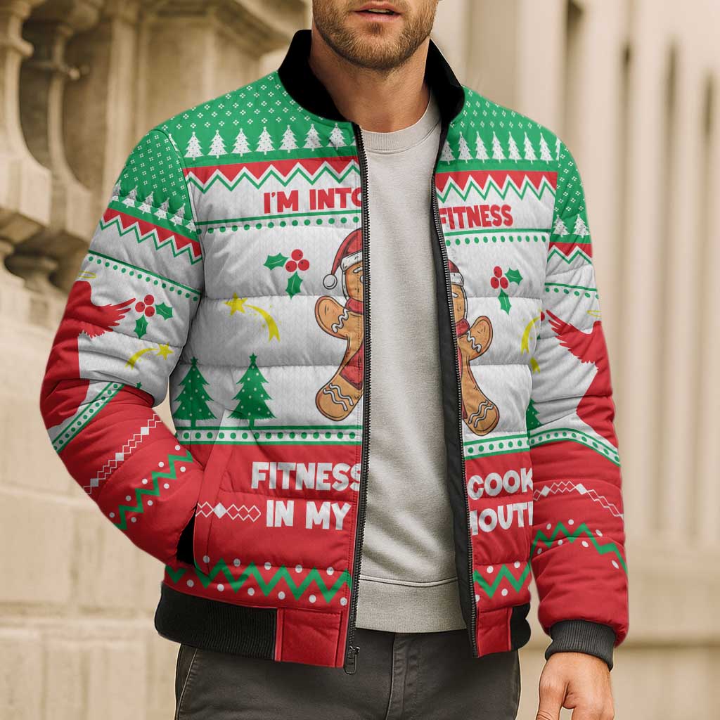 Funny Fitness Cookie Christmas Bomber Puffer Jacket with Gingerbread Design and Holiday Pattern - Wonder Print Shop