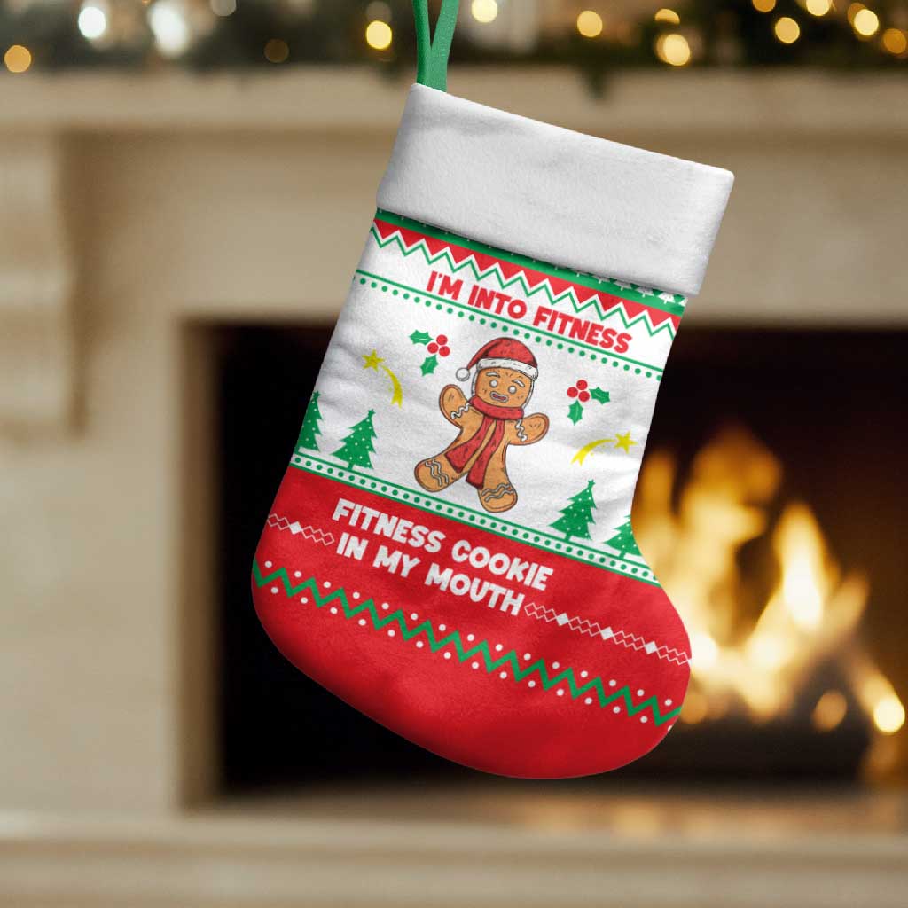 Funny Fitness Cookie Christmas Stocking with Gingerbread Design and Holiday Pattern - Wonder Print Shop