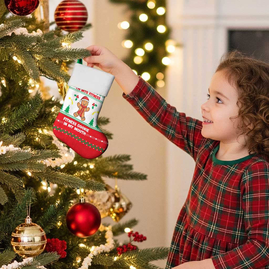 Funny Fitness Cookie Christmas Stocking with Gingerbread Design and Holiday Pattern - Wonder Print Shop