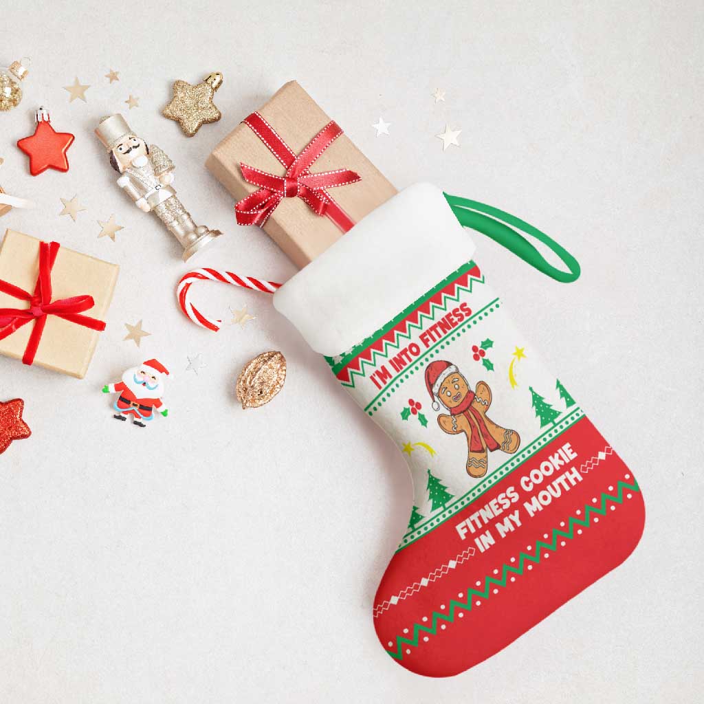 Funny Fitness Cookie Christmas Stocking with Gingerbread Design and Holiday Pattern - Wonder Print Shop