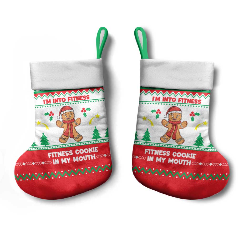 Funny Fitness Cookie Christmas Stocking with Gingerbread Design and Holiday Pattern - Wonder Print Shop