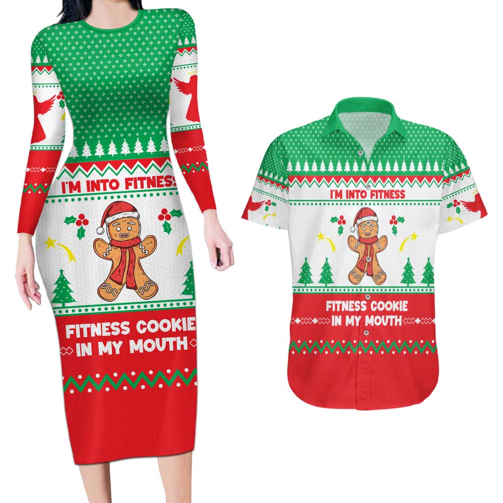 Funny Fitness Cookie Christmas Couples Matching Long Sleeve Bodycon Dress and Hawaiian Shirt with Gingerbread Design and Holiday Pattern - Wonder Print Shop