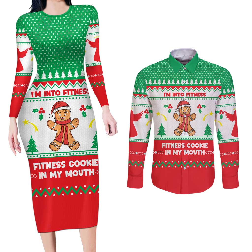 Funny Fitness Cookie Christmas Couples Matching Long Sleeve Bodycon Dress and Long Sleeve Button Shirt with Gingerbread Design and Holiday Pattern - Wonder Print Shop