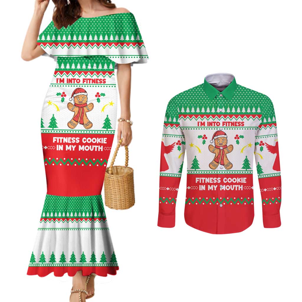 Funny Fitness Cookie Christmas Couples Matching Mermaid Dress and Long Sleeve Button Shirt with Gingerbread Design and Holiday Pattern - Wonder Print Shop