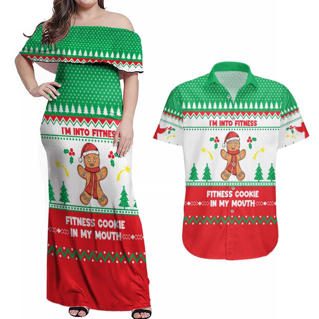 Funny Fitness Cookie Christmas Couples Matching Off Shoulder Maxi Dress and Hawaiian Shirt with Gingerbread Design and Holiday Pattern - Wonder Print Shop