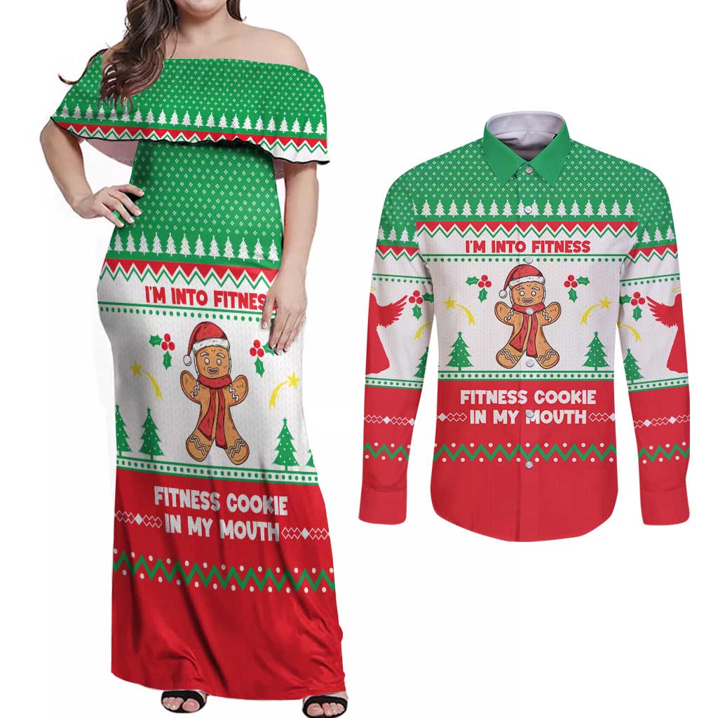 Funny Fitness Cookie Christmas Couples Matching Off Shoulder Maxi Dress and Long Sleeve Button Shirt with Gingerbread Design and Holiday Pattern - Wonder Print Shop