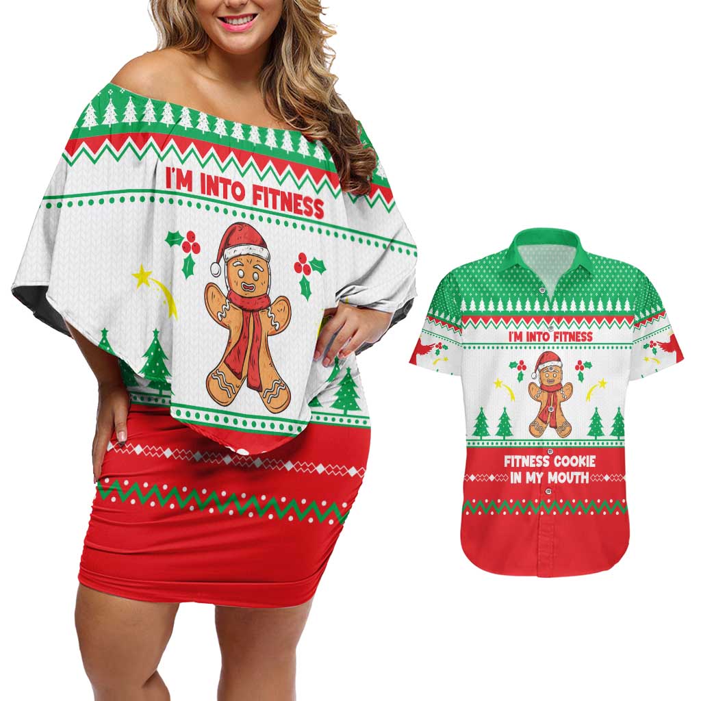 Funny Fitness Cookie Christmas Couples Matching Off Shoulder Short Dress and Hawaiian Shirt with Gingerbread Design and Holiday Pattern - Wonder Print Shop