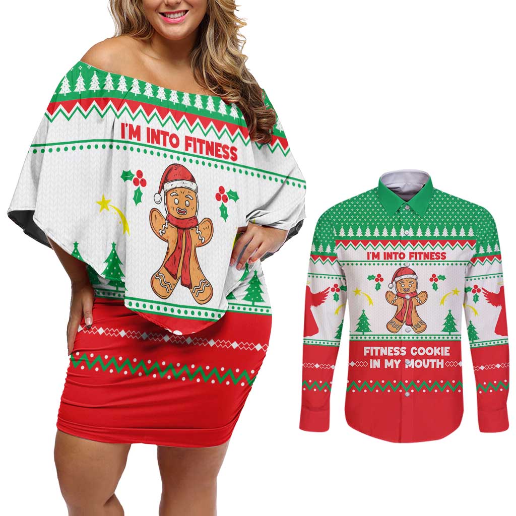 Funny Fitness Cookie Christmas Couples Matching Off Shoulder Short Dress and Long Sleeve Button Shirt with Gingerbread Design and Holiday Pattern - Wonder Print Shop