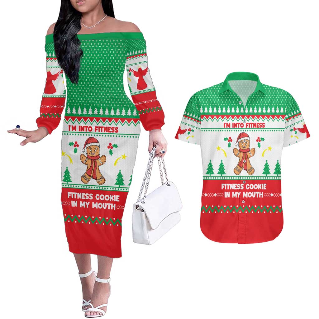 Funny Fitness Cookie Christmas Couples Matching Off The Shoulder Long Sleeve Dress and Hawaiian Shirt with Gingerbread Design and Holiday Pattern - Wonder Print Shop