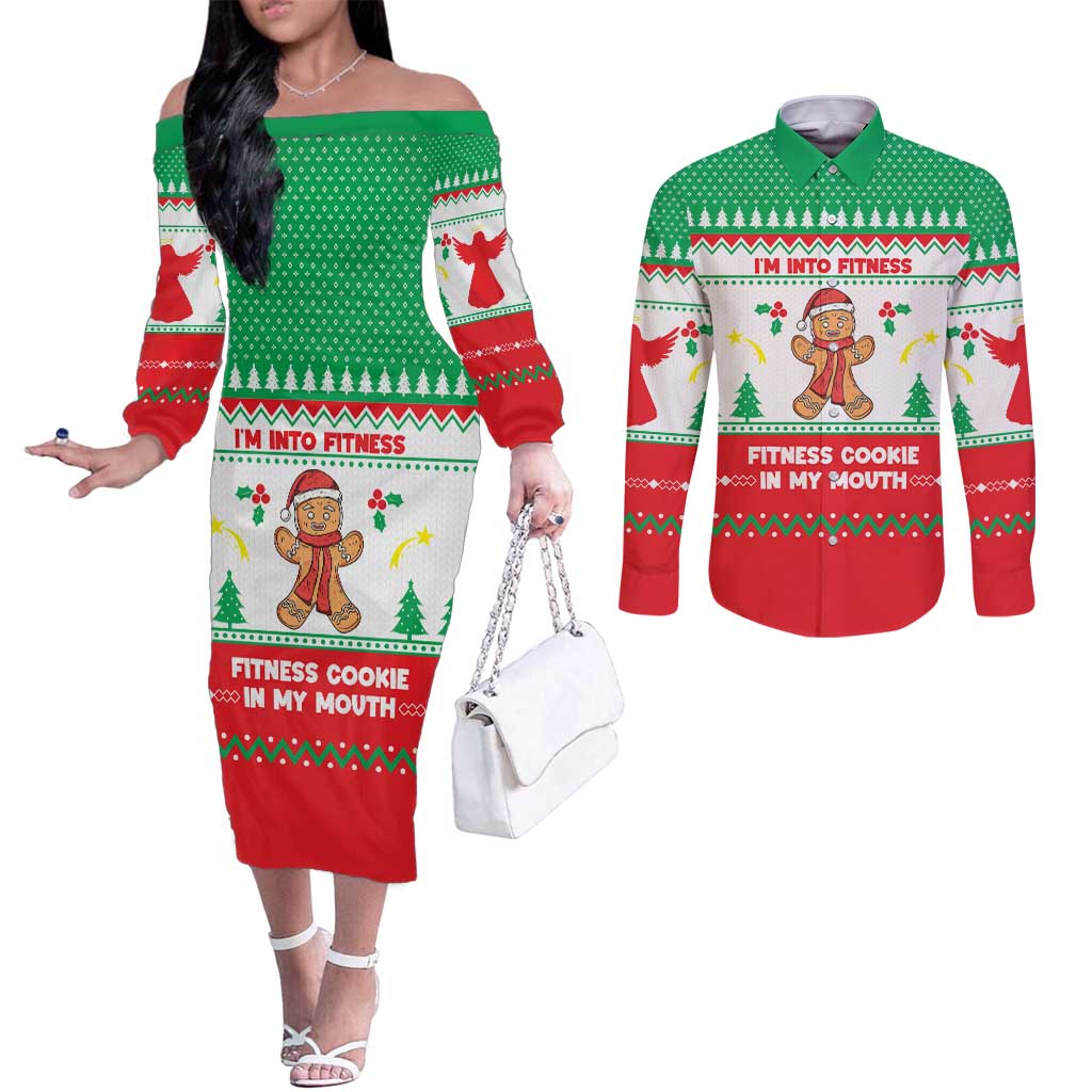Funny Fitness Cookie Christmas Couples Matching Off The Shoulder Long Sleeve Dress and Long Sleeve Button Shirt with Gingerbread Design and Holiday Pattern - Wonder Print Shop