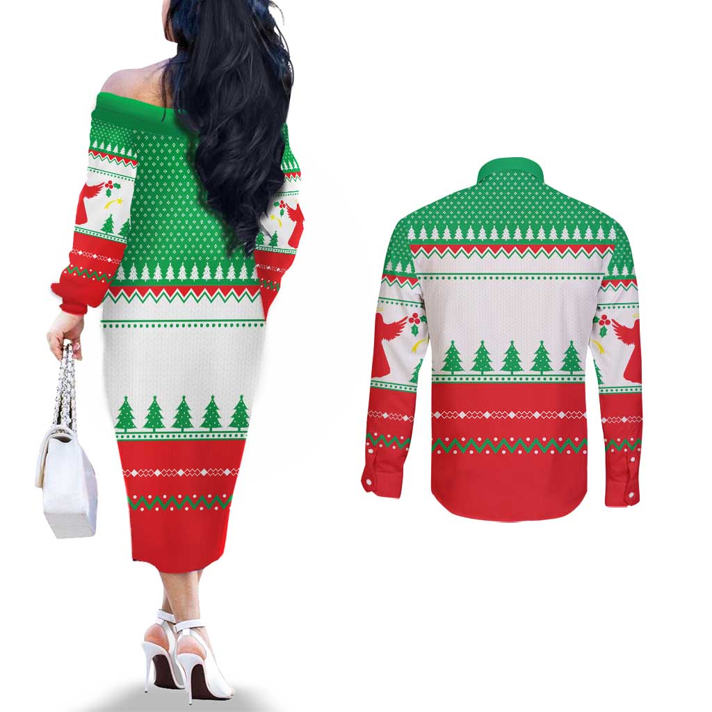Funny Fitness Cookie Christmas Couples Matching Off The Shoulder Long Sleeve Dress and Long Sleeve Button Shirt with Gingerbread Design and Holiday Pattern - Wonder Print Shop