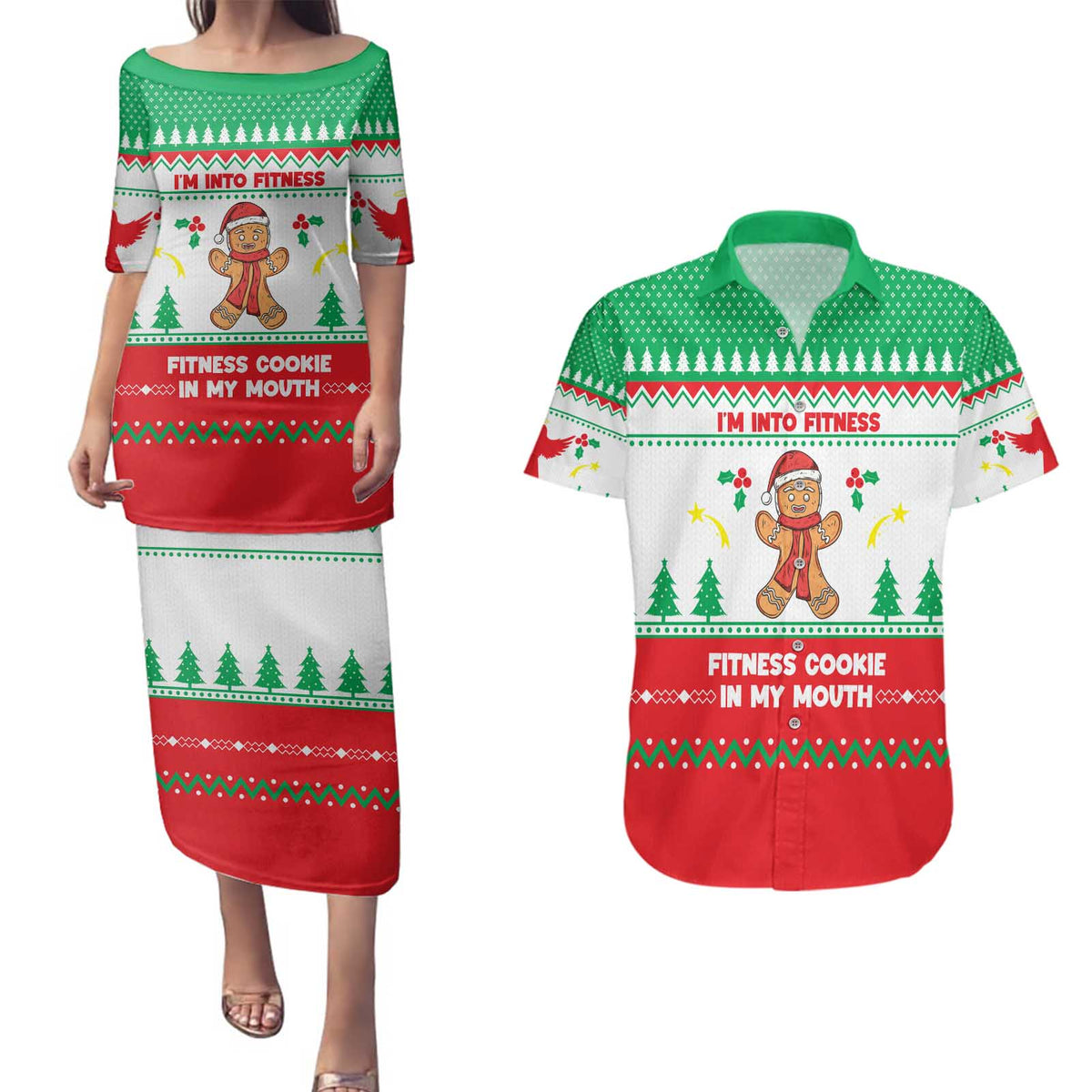 Funny Fitness Cookie Christmas Couples Matching Puletasi and Hawaiian Shirt with Gingerbread Design and Holiday Pattern - Wonder Print Shop