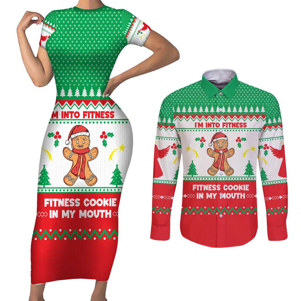 Funny Fitness Cookie Christmas Couples Matching Short Sleeve Bodycon Dress and Long Sleeve Button Shirt with Gingerbread Design and Holiday Pattern - Wonder Print Shop