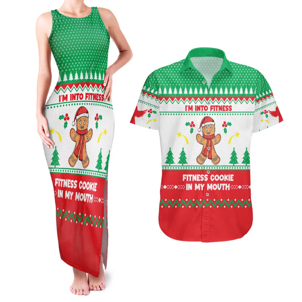 Funny Fitness Cookie Christmas Couples Matching Tank Maxi Dress and Hawaiian Shirt with Gingerbread Design and Holiday Pattern - Wonder Print Shop