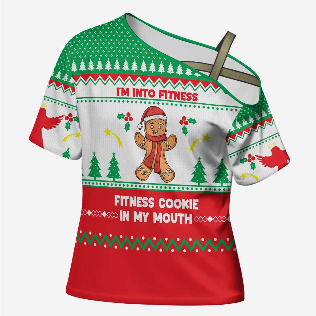 Funny Fitness Cookie Christmas Cross Shoulder Shirt with Gingerbread Design and Holiday Pattern - Wonder Print Shop
