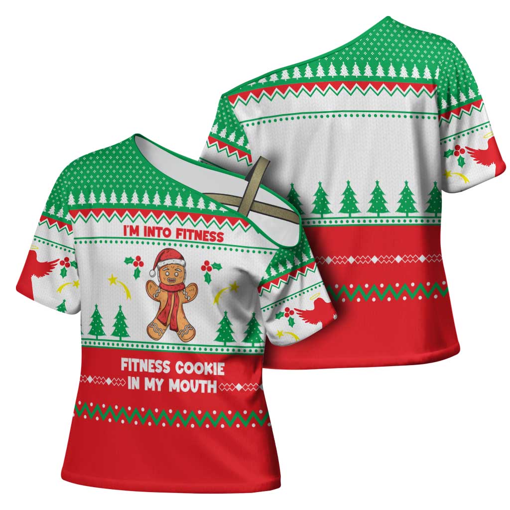 Funny Fitness Cookie Christmas Cross Shoulder Shirt with Gingerbread Design and Holiday Pattern - Wonder Print Shop