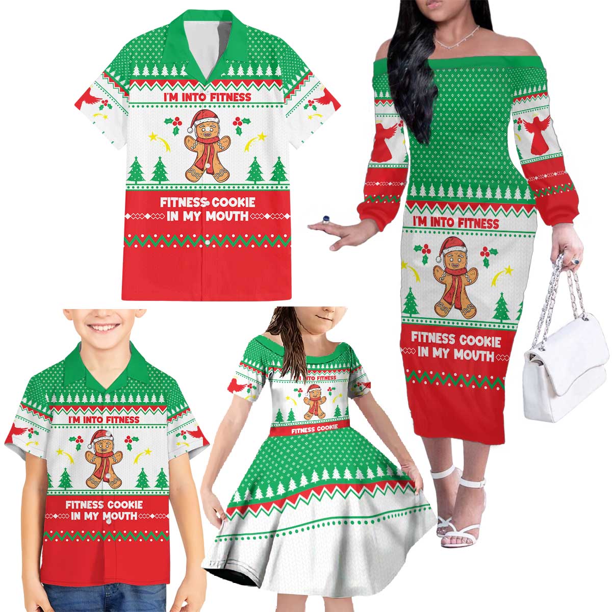 Funny Fitness Cookie Christmas Family Matching Off The Shoulder Long Sleeve Dress and Hawaiian Shirt with Gingerbread Design and Holiday Pattern - Wonder Print Shop