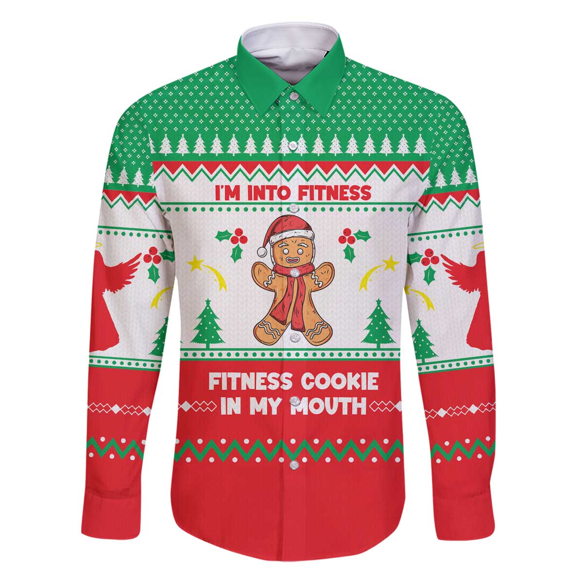 Funny Fitness Cookie Christmas Family Matching Off The Shoulder Long Sleeve Dress and Hawaiian Shirt with Gingerbread Design and Holiday Pattern - Wonder Print Shop