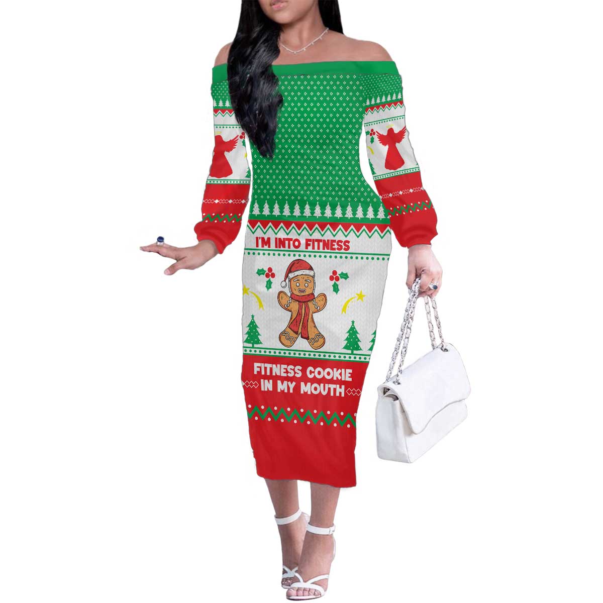 Funny Fitness Cookie Christmas Family Matching Off The Shoulder Long Sleeve Dress and Hawaiian Shirt with Gingerbread Design and Holiday Pattern - Wonder Print Shop
