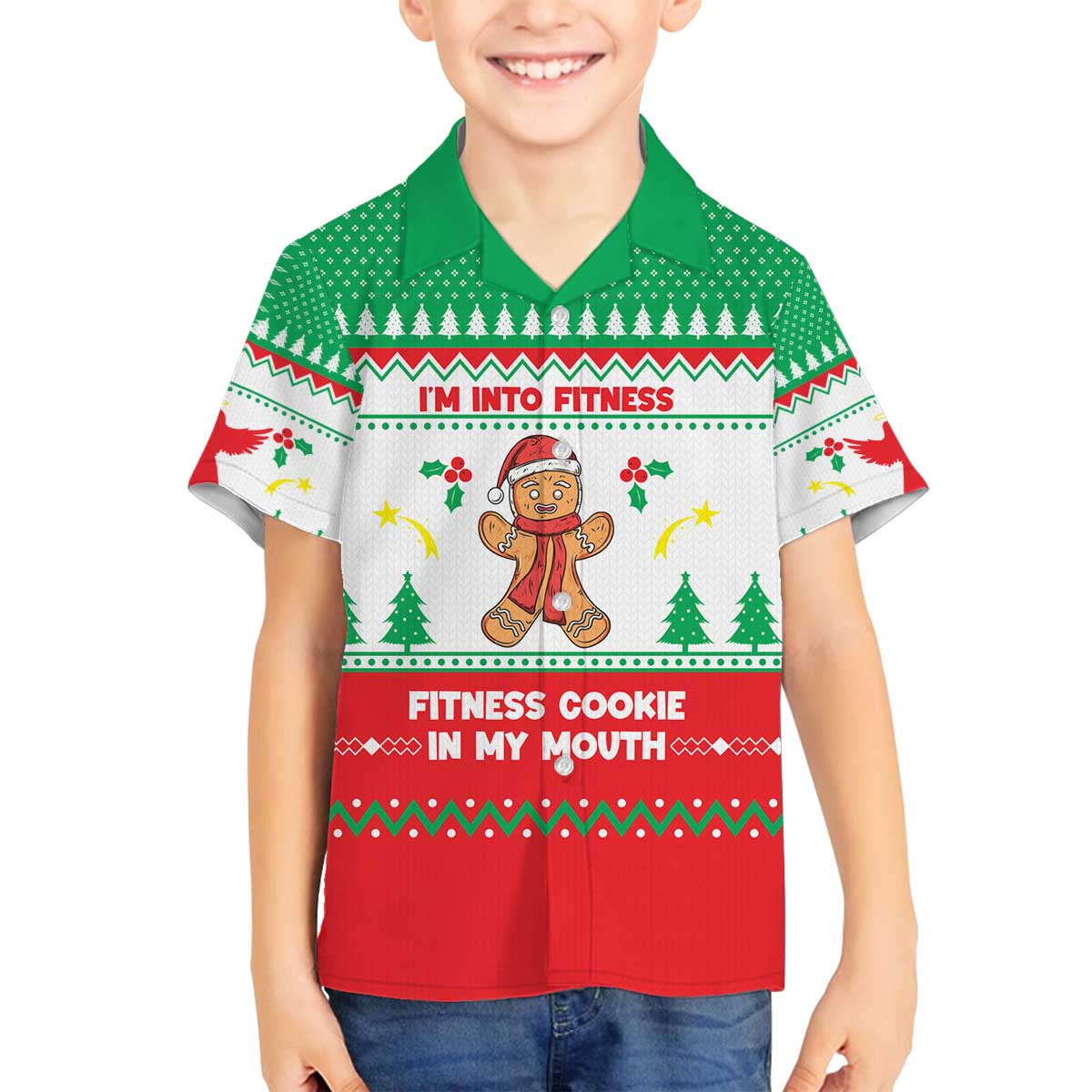 Funny Fitness Cookie Christmas Family Matching Off The Shoulder Long Sleeve Dress and Hawaiian Shirt with Gingerbread Design and Holiday Pattern - Wonder Print Shop