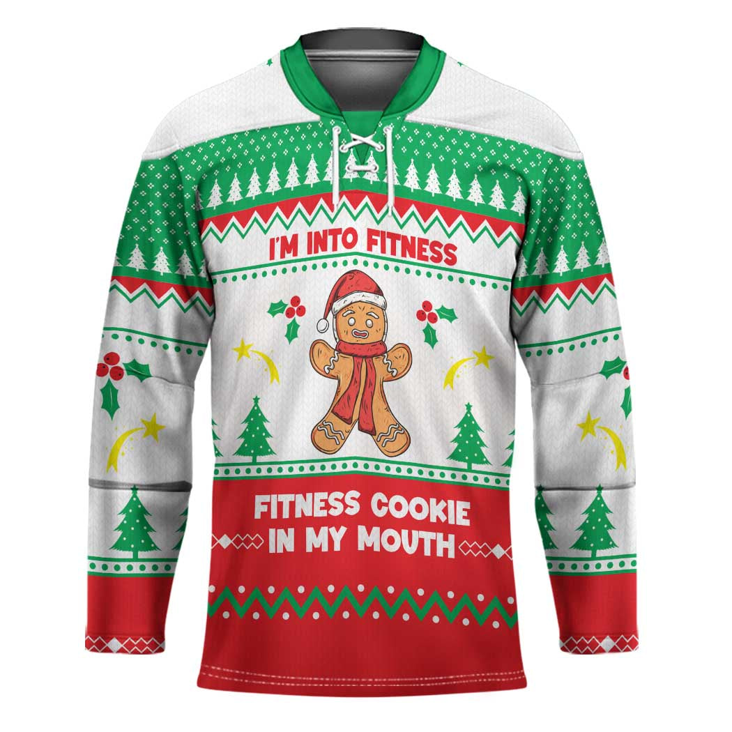 Funny Fitness Cookie Christmas Hockey Jersey with Gingerbread Design and Holiday Pattern - Wonder Print Shop