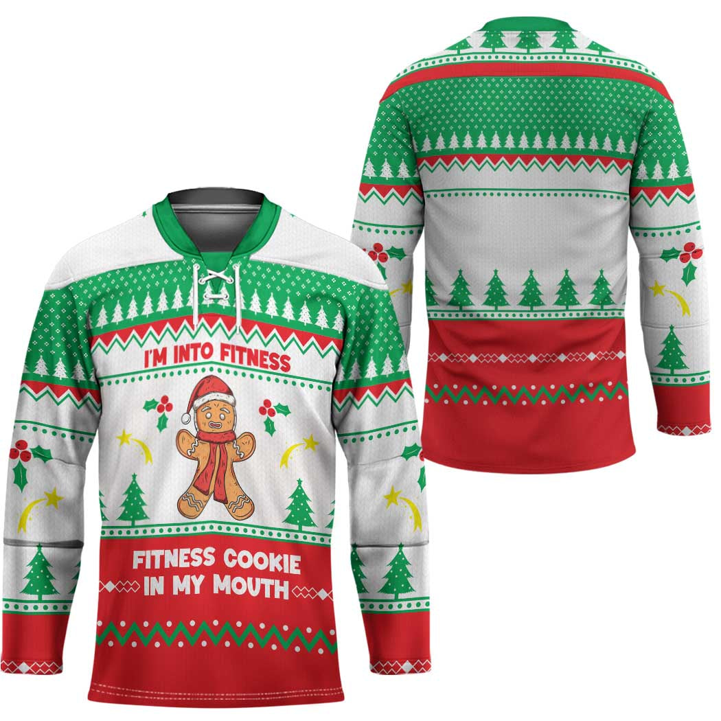 Funny Fitness Cookie Christmas Hockey Jersey with Gingerbread Design and Holiday Pattern - Wonder Print Shop