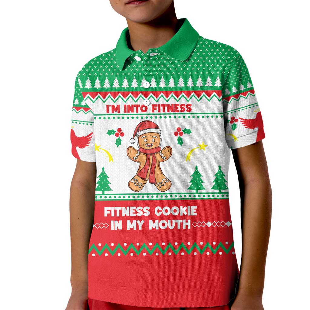 Funny Fitness Cookie Christmas Kid Polo Shirt with Gingerbread Design and Holiday Pattern - Wonder Print Shop