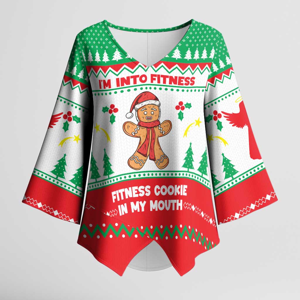 Funny Fitness Cookie Christmas Kimono Sleeve Blouse with Gingerbread Design and Holiday Pattern - Wonder Print Shop