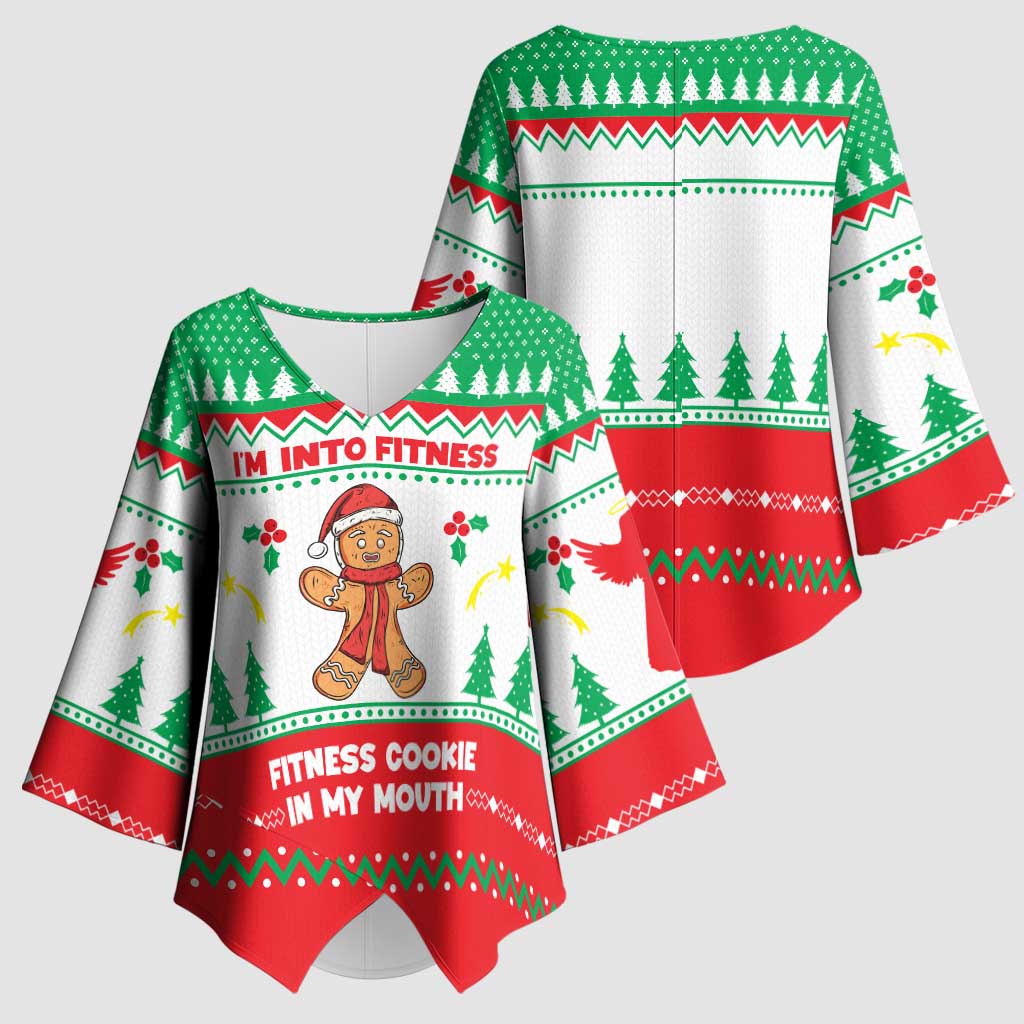Funny Fitness Cookie Christmas Kimono Sleeve Blouse with Gingerbread Design and Holiday Pattern - Wonder Print Shop