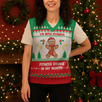 Funny Fitness Cookie Christmas Knitted V-Neck Vest with Gingerbread Design and Holiday Pattern - Wonder Print Shop