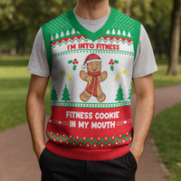 Funny Fitness Cookie Christmas Knitted V-Neck Vest with Gingerbread Design and Holiday Pattern - Wonder Print Shop