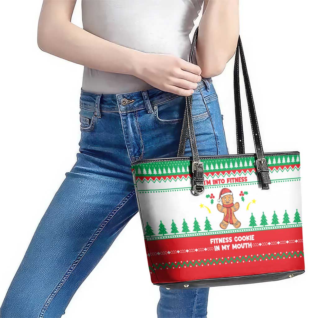 Funny Fitness Cookie Christmas Leather Tote Bag with Gingerbread Design and Holiday Pattern - Wonder Print Shop