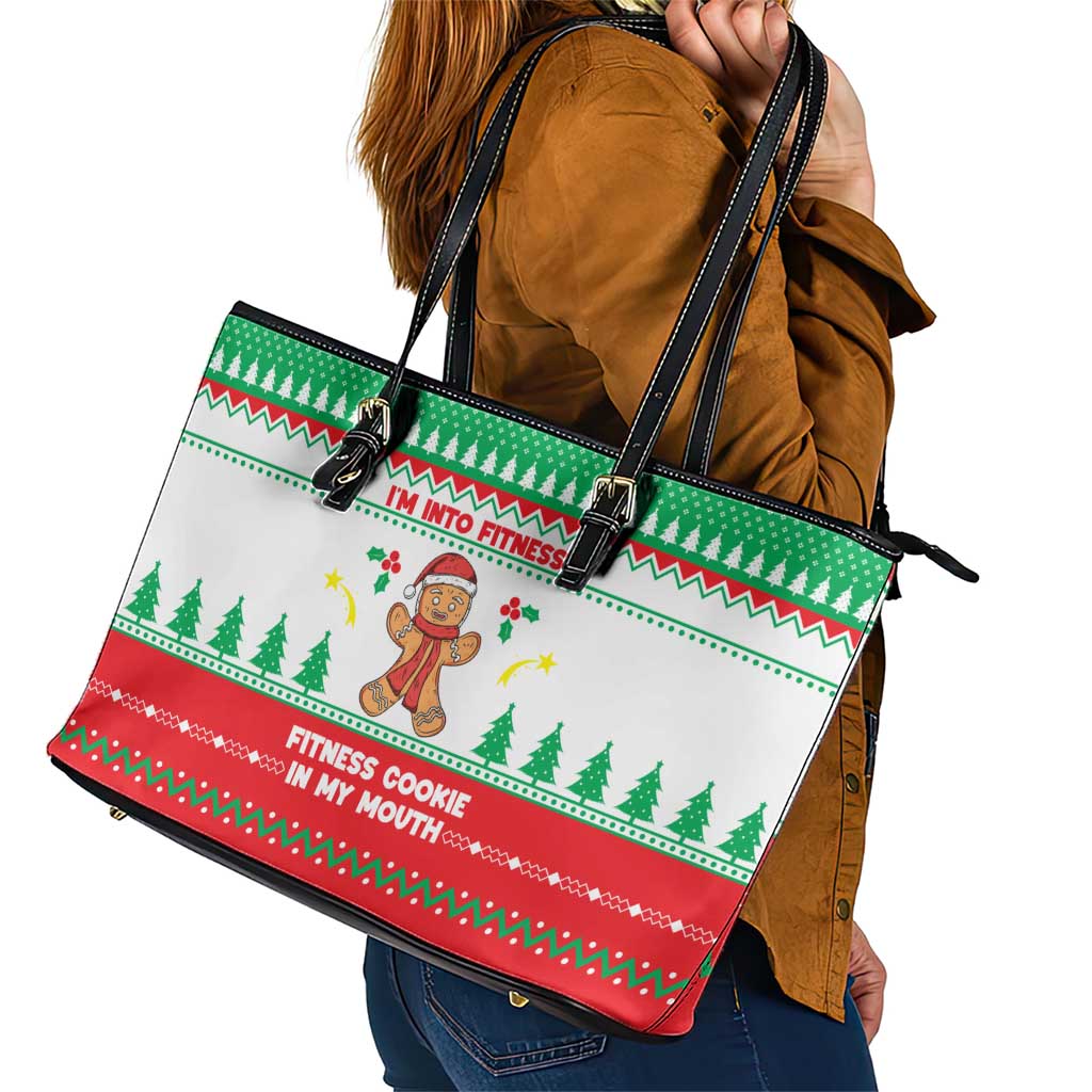 Funny Fitness Cookie Christmas Leather Tote Bag with Gingerbread Design and Holiday Pattern - Wonder Print Shop