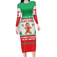 Funny Fitness Cookie Christmas Long Sleeve Bodycon Dress with Gingerbread Design and Holiday Pattern - Wonder Print Shop