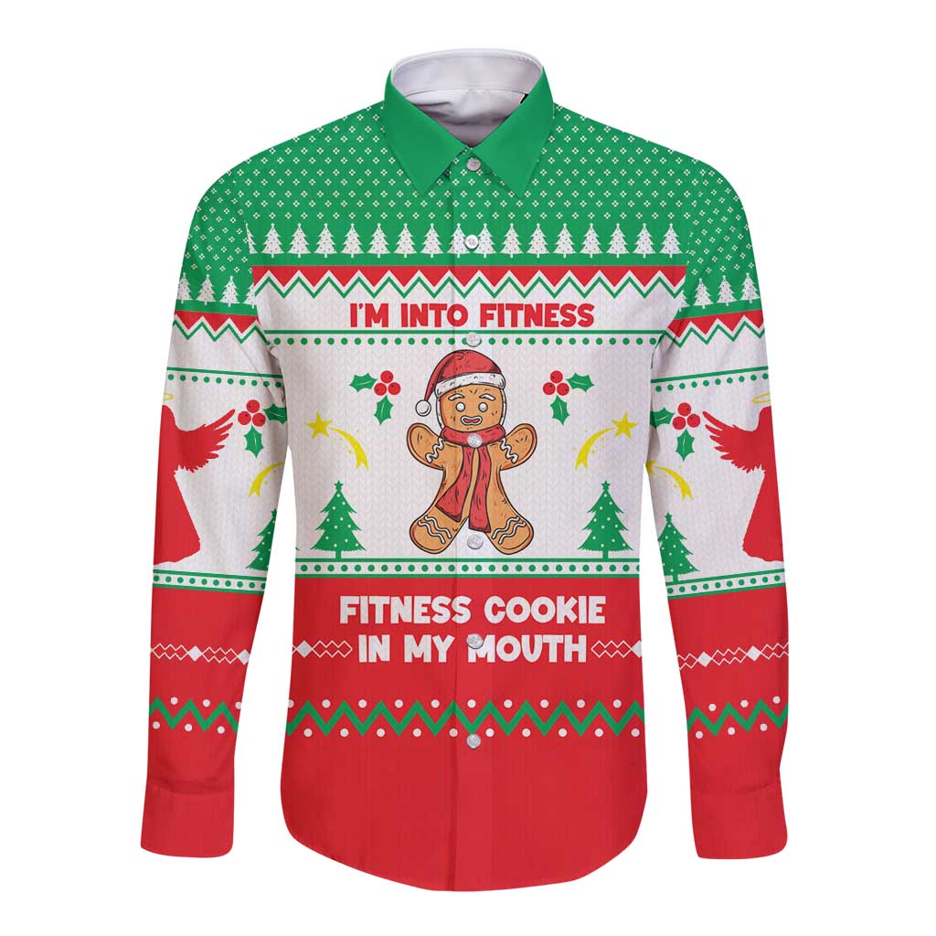 Funny Fitness Cookie Christmas Long Sleeve Button Shirt with Gingerbread Design and Holiday Pattern - Wonder Print Shop