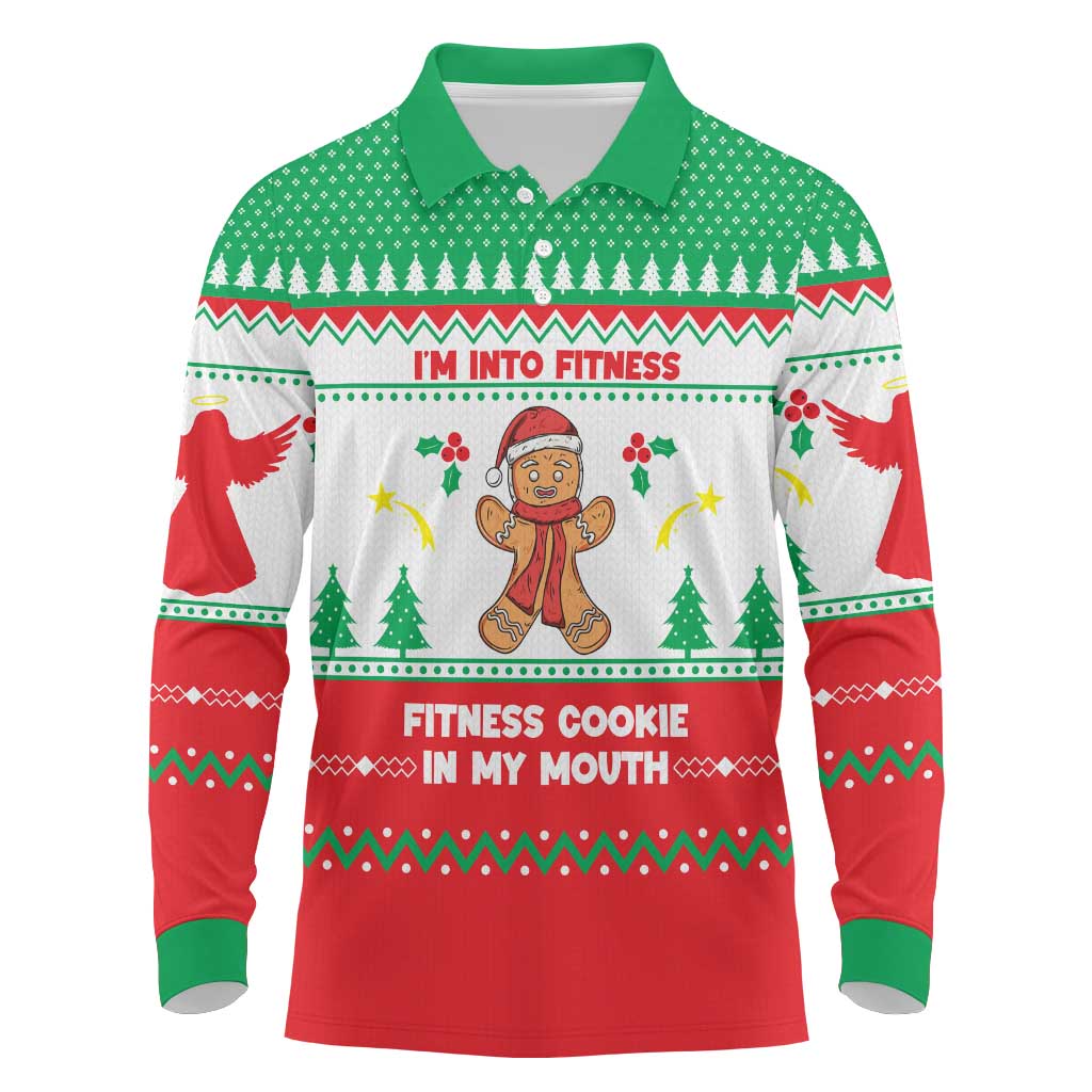 Funny Fitness Cookie Christmas Long Sleeve Polo Shirt with Gingerbread Design and Holiday Pattern - Wonder Print Shop