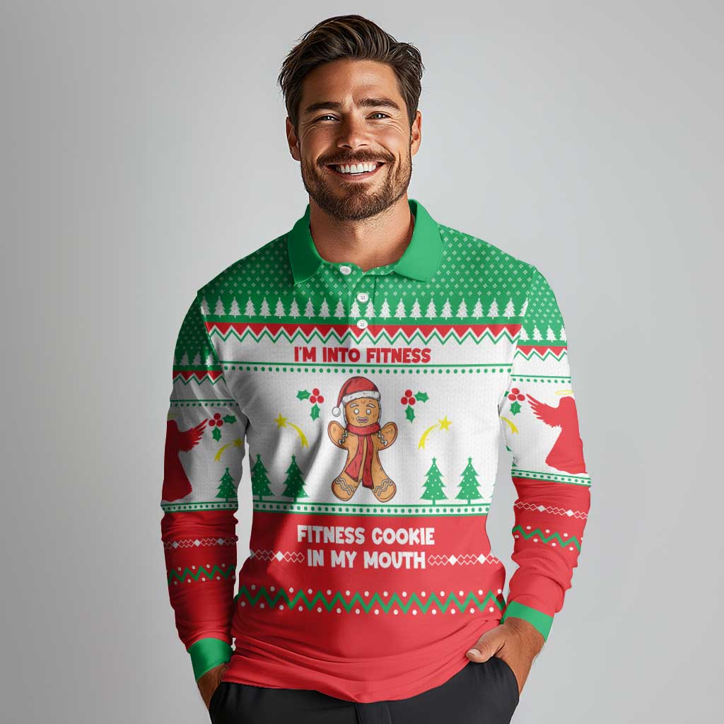 Funny Fitness Cookie Christmas Long Sleeve Polo Shirt with Gingerbread Design and Holiday Pattern - Wonder Print Shop