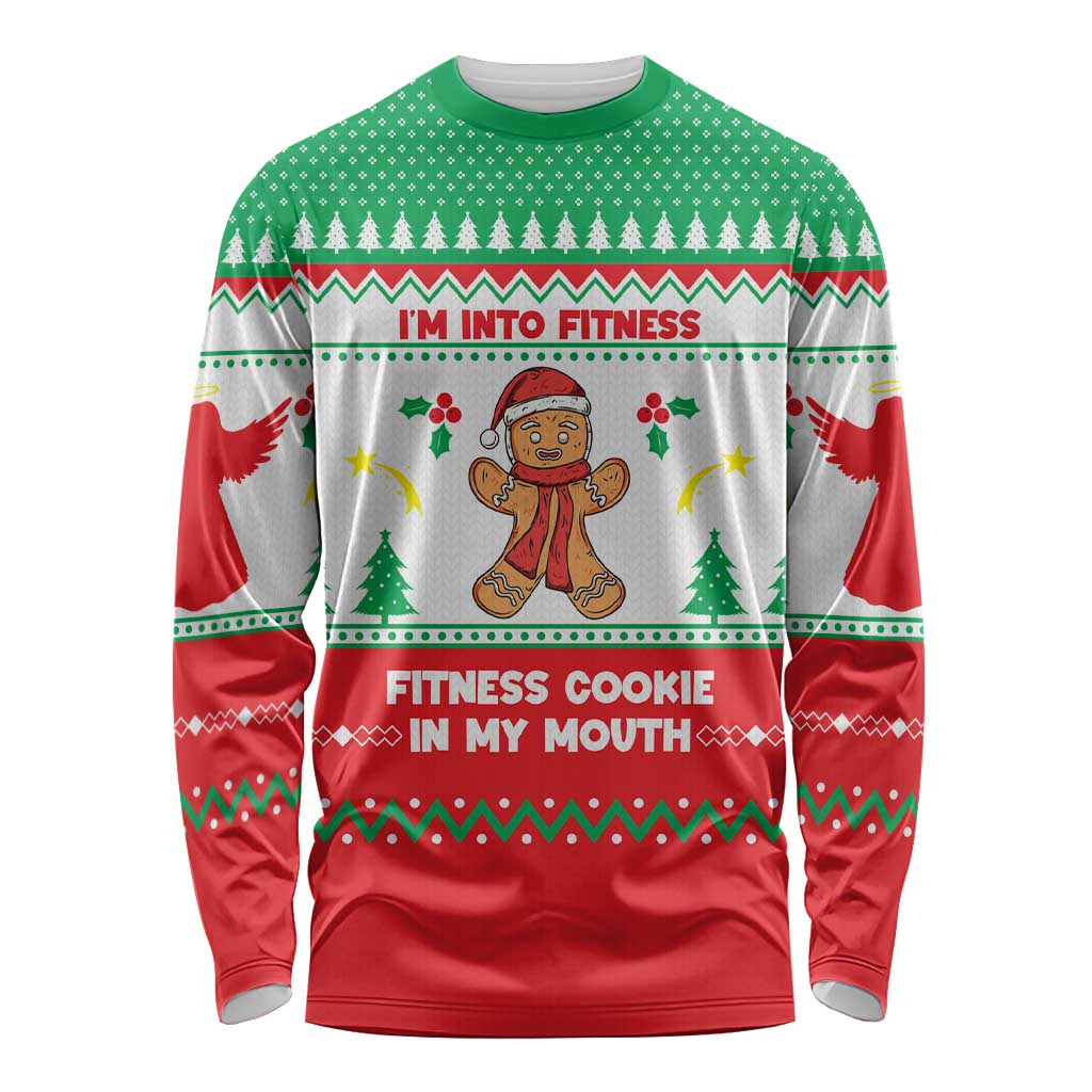 Funny Fitness Cookie Christmas Long Sleeve Shirt with Gingerbread Design and Holiday Pattern - Wonder Print Shop