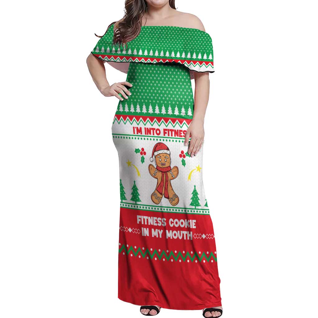 Funny Fitness Cookie Christmas Off Shoulder Maxi Dress with Gingerbread Design and Holiday Pattern - Wonder Print Shop
