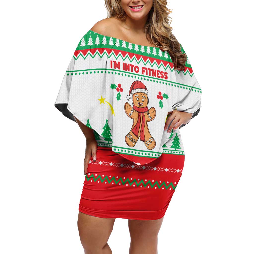 Funny Fitness Cookie Christmas Off Shoulder Short Dress with Gingerbread Design and Holiday Pattern - Wonder Print Shop