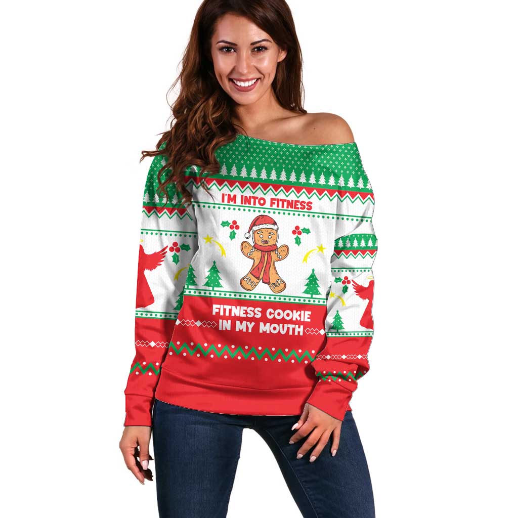 Funny Fitness Cookie Christmas Off Shoulder Sweater with Gingerbread Design and Holiday Pattern - Wonder Print Shop