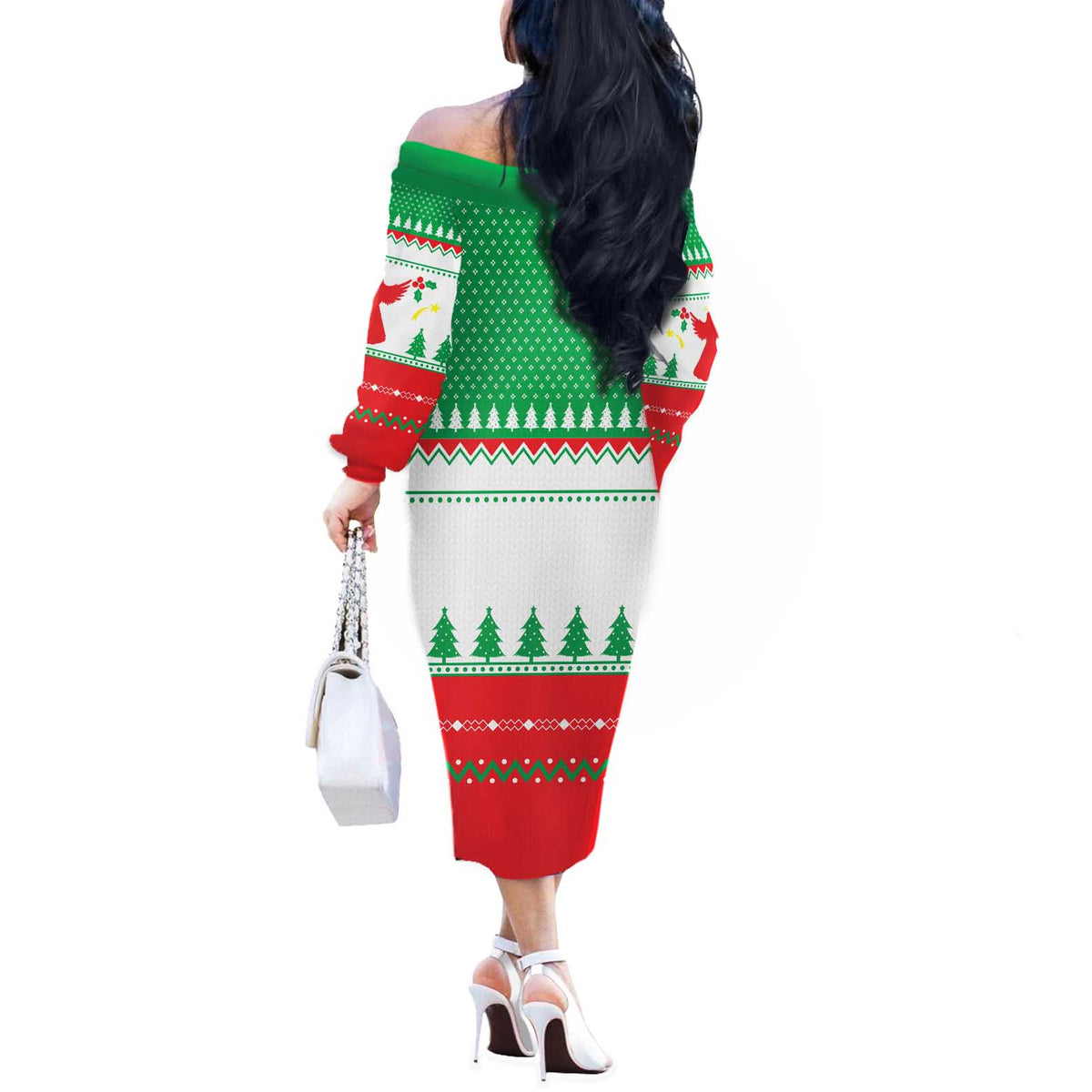 Funny Fitness Cookie Christmas Off The Shoulder Long Sleeve Dress with Gingerbread Design and Holiday Pattern - Wonder Print Shop
