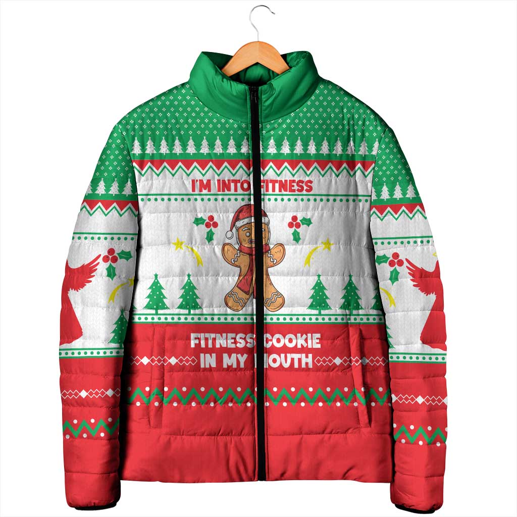 Funny Fitness Cookie Christmas Padded Jacket with Gingerbread Design and Holiday Pattern - Wonder Print Shop