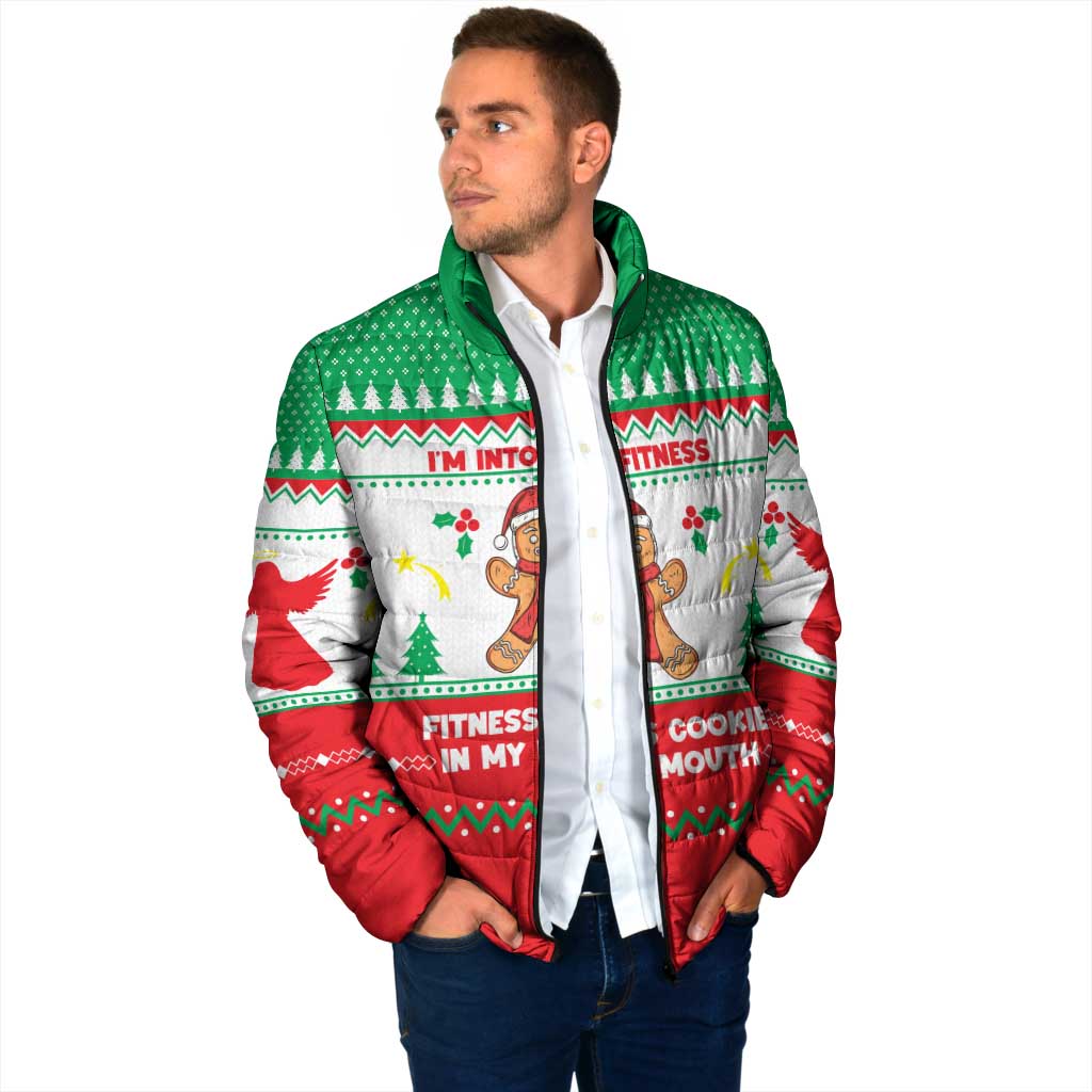 Funny Fitness Cookie Christmas Padded Jacket with Gingerbread Design and Holiday Pattern - Wonder Print Shop
