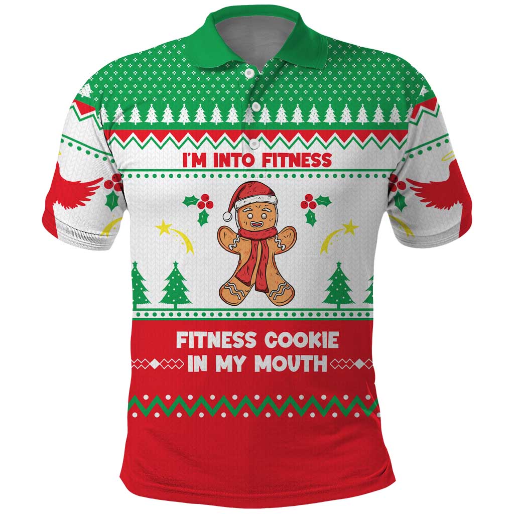 Funny Fitness Cookie Christmas Polo Shirt with Gingerbread Design and Holiday Pattern - Wonder Print Shop