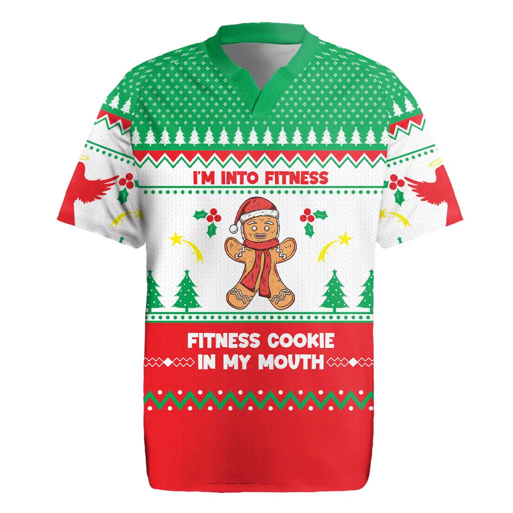 Funny Fitness Cookie Christmas Rugby Jersey with Gingerbread Design and Holiday Pattern - Wonder Print Shop