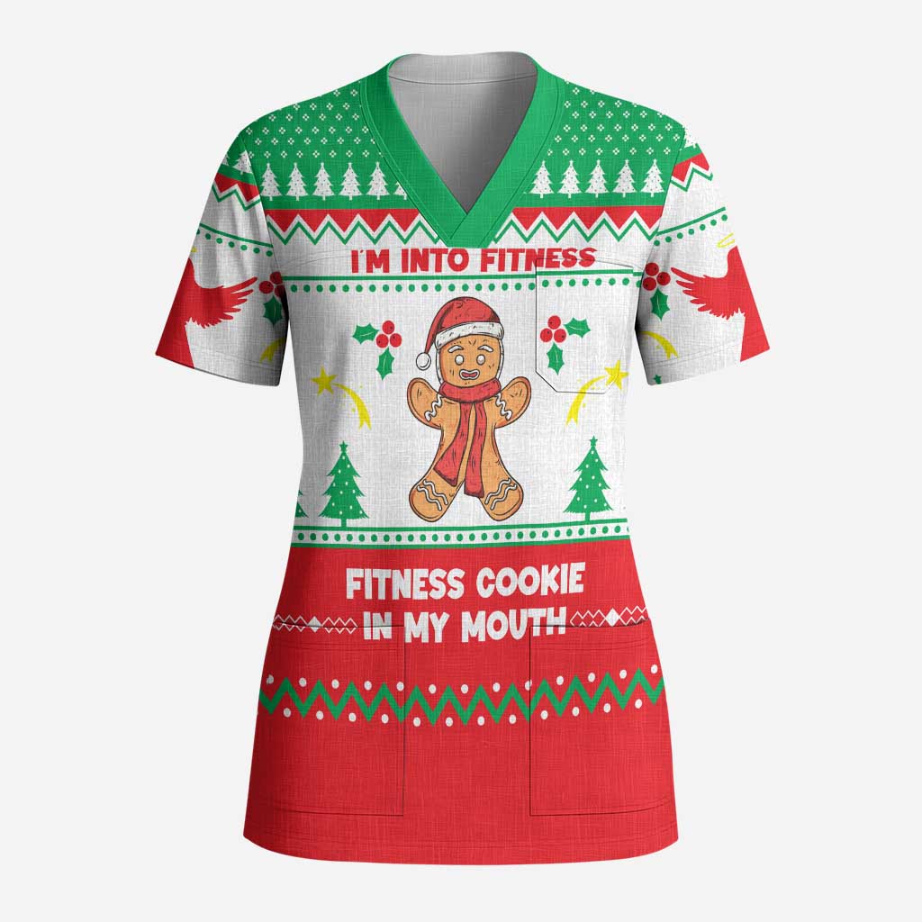 Funny Fitness Cookie Christmas Scrub Top with Gingerbread Design and Holiday Pattern - Wonder Print Shop