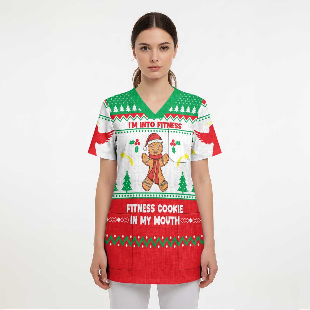 Funny Fitness Cookie Christmas Scrub Top with Gingerbread Design and Holiday Pattern - Wonder Print Shop